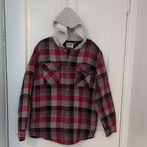 Wrangler Quilted Red/Gray/Black Checkered Hooded Shirt Jacket Size M